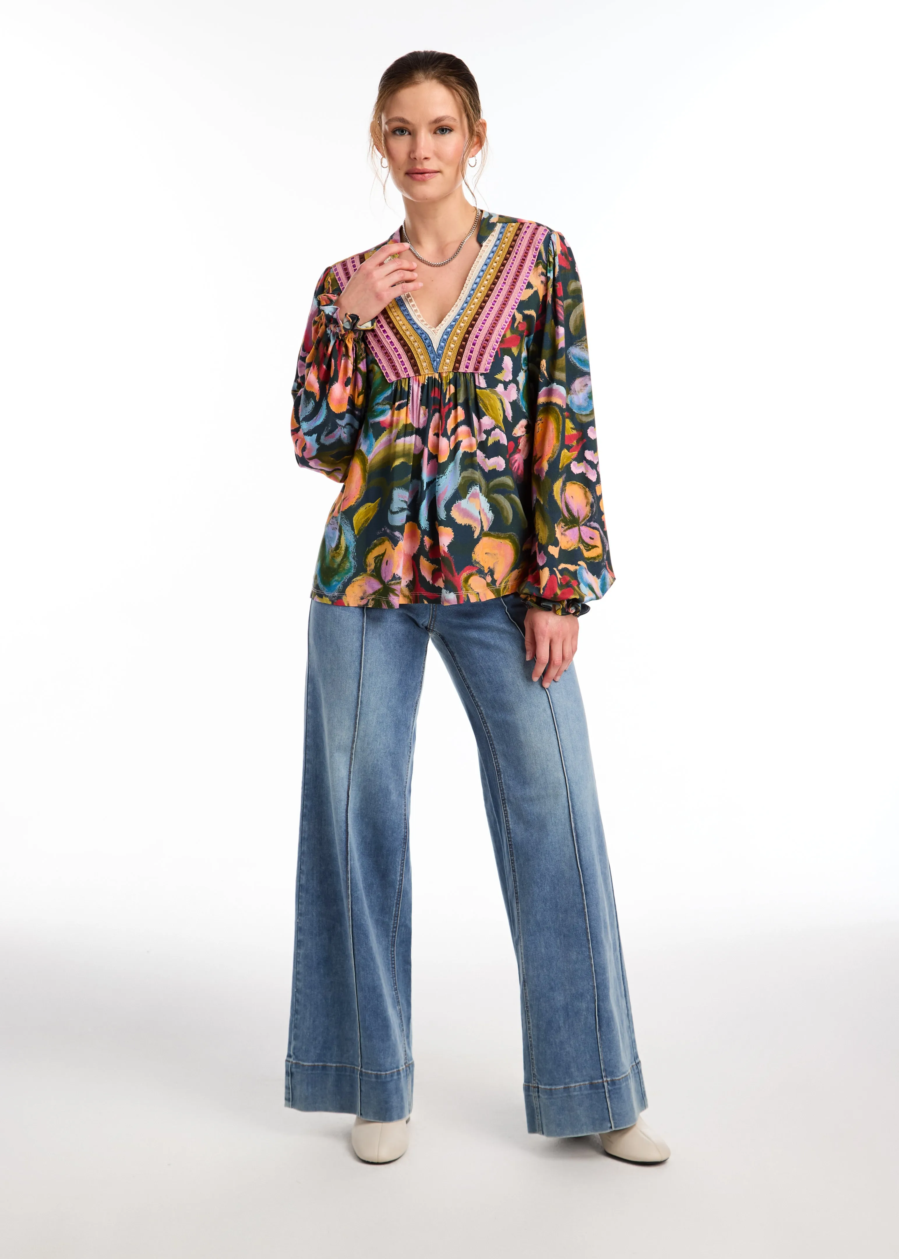 V Neck Mixed Media Top