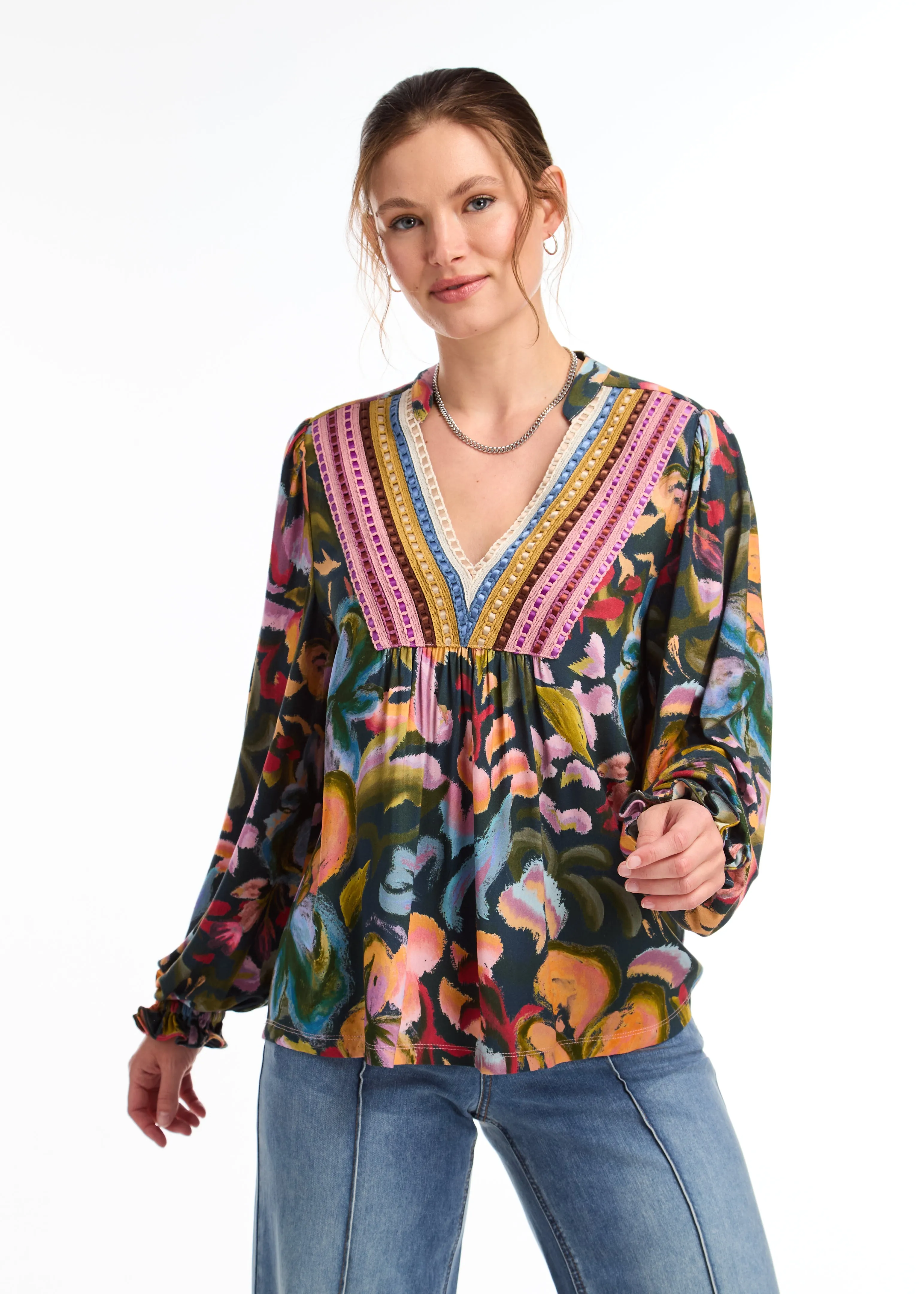V Neck Mixed Media Top