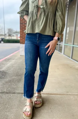 Vervet Dark Wash Super High Rise Ankle Flare with Uneven Frayed Hem (C)