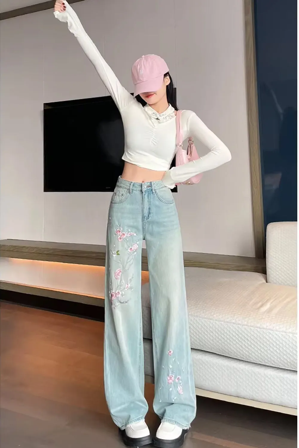 Vintage Flower Embroidered Long Jeans Pants