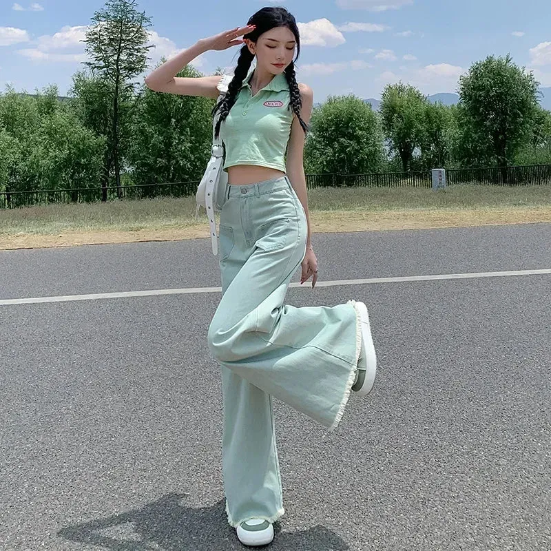 Vintage-Inspired Green Flare Jeans – High Waist Design