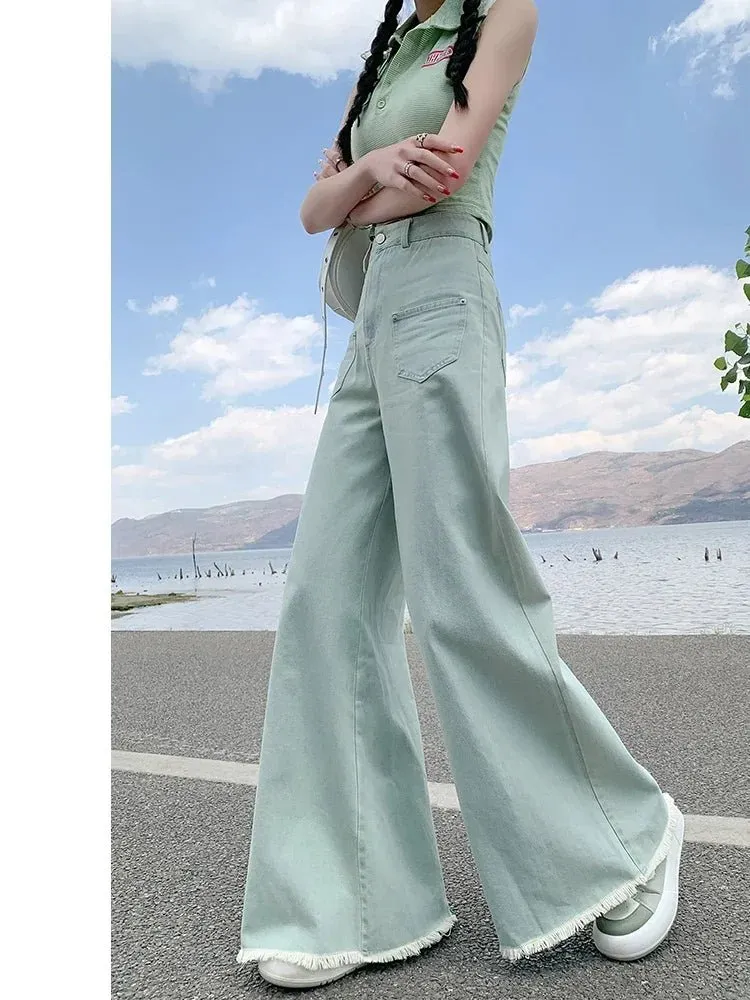 Vintage-Inspired Green Flare Jeans – High Waist Design