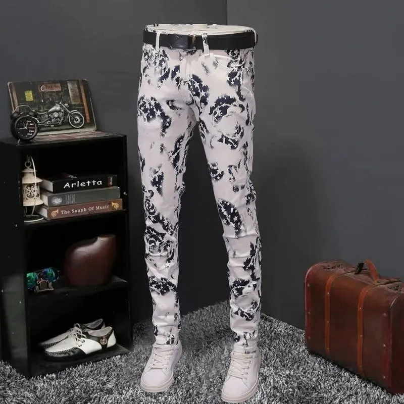 White Color Printed Pattern Jeans