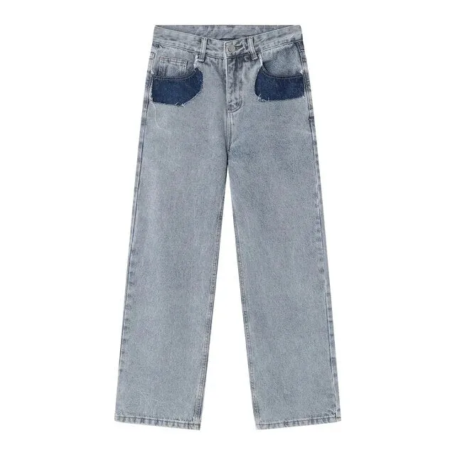 Wiaofellas Trendy Men's Wear Casual Loose Straight Jeans Four Seasons Jeans Contrast Color Pocket Personalized Male Wide Leg Denim Pants