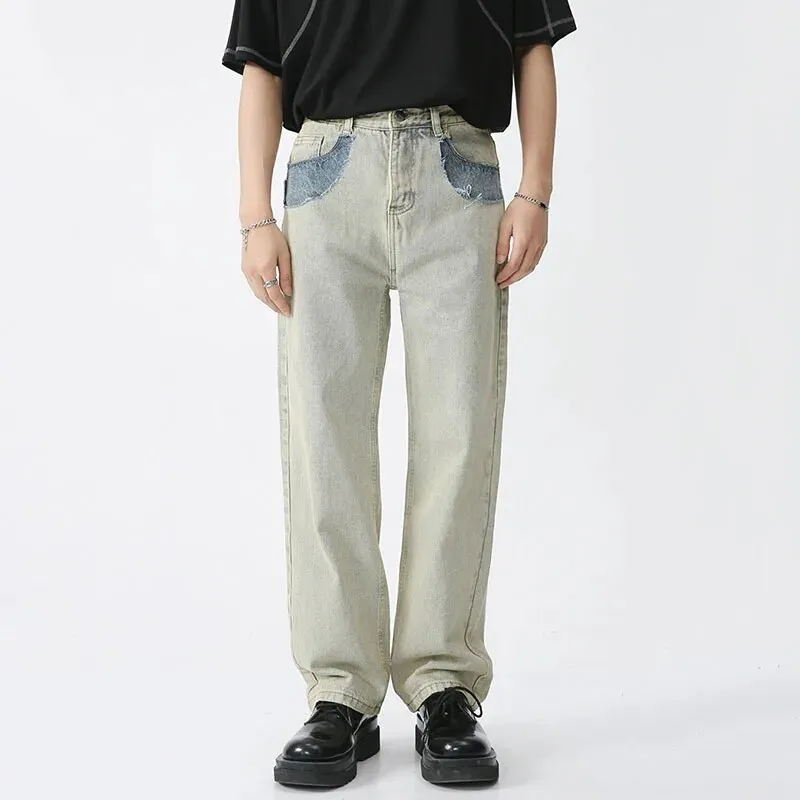 Wiaofellas Trendy Men's Wear Casual Loose Straight Jeans Four Seasons Jeans Contrast Color Pocket Personalized Male Wide Leg Denim Pants