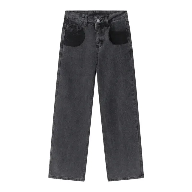 Wiaofellas Trendy Men's Wear Casual Loose Straight Jeans Four Seasons Jeans Contrast Color Pocket Personalized Male Wide Leg Denim Pants