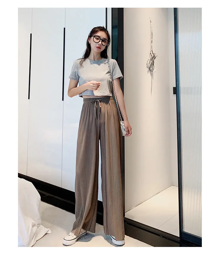 Wide Leg Pants Women High Waist Drape Floor Length Thin Loose Sparkle Casual Chiffon Long Straight Starry Sky Pants
