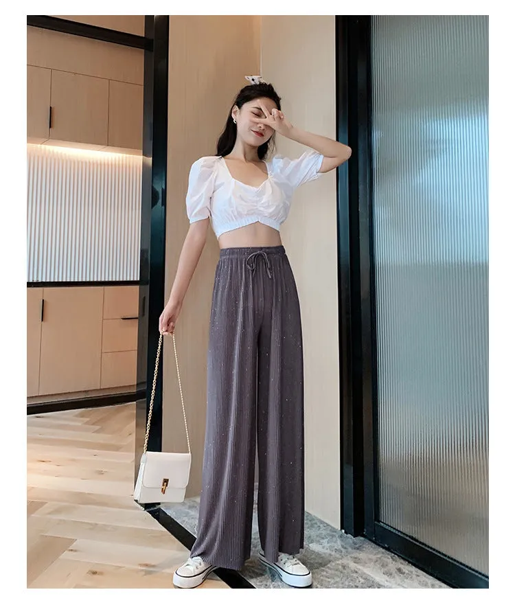 Wide Leg Pants Women High Waist Drape Floor Length Thin Loose Sparkle Casual Chiffon Long Straight Starry Sky Pants