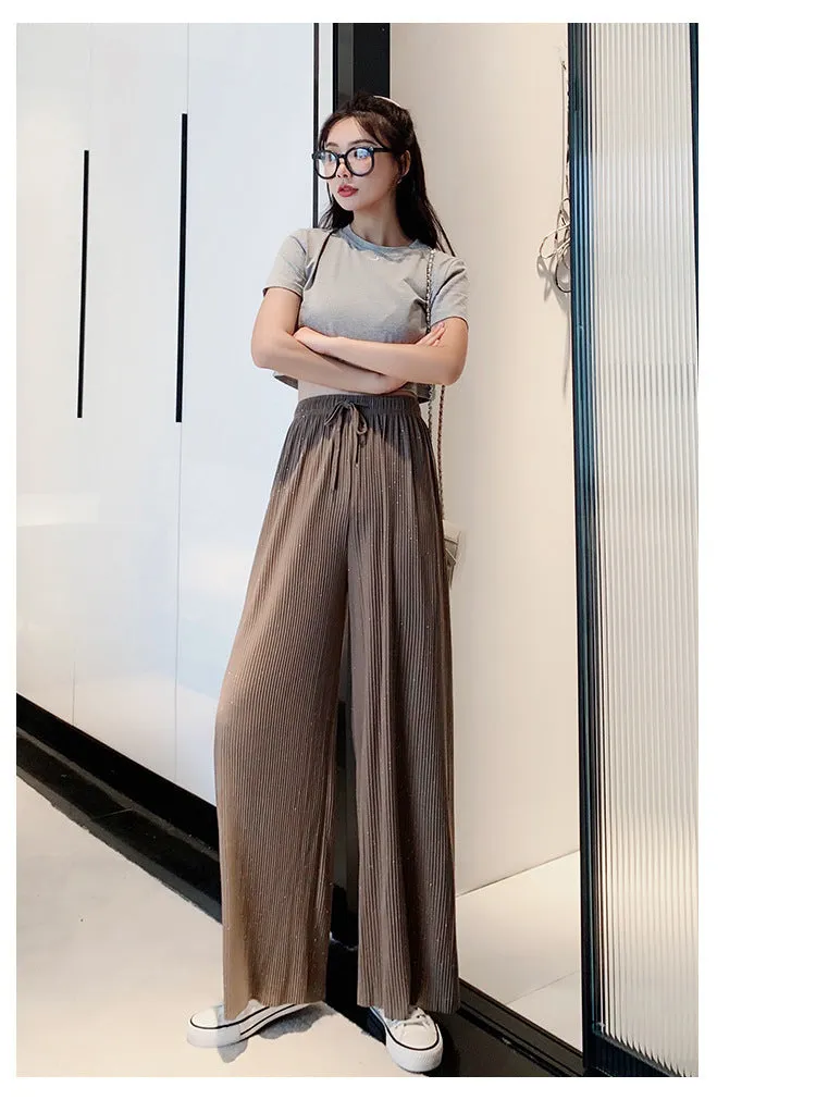 Wide Leg Pants Women High Waist Drape Floor Length Thin Loose Sparkle Casual Chiffon Long Straight Starry Sky Pants