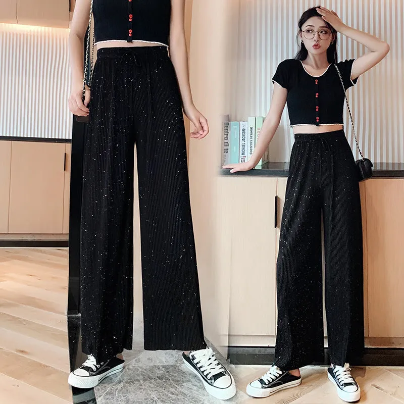 Wide Leg Pants Women High Waist Drape Floor Length Thin Loose Sparkle Casual Chiffon Long Straight Starry Sky Pants