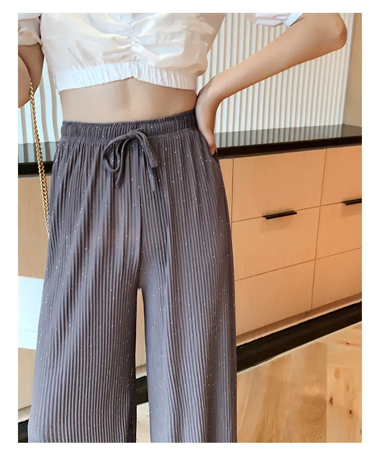 Wide Leg Pants Women High Waist Drape Floor Length Thin Loose Sparkle Casual Chiffon Long Straight Starry Sky Pants