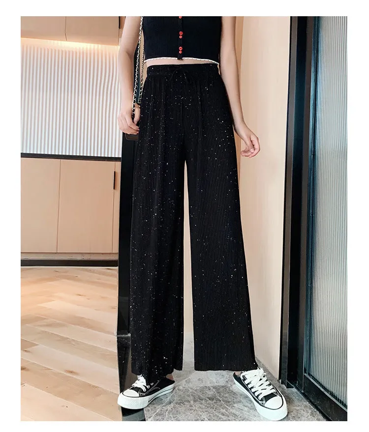 Wide Leg Pants Women High Waist Drape Floor Length Thin Loose Sparkle Casual Chiffon Long Straight Starry Sky Pants