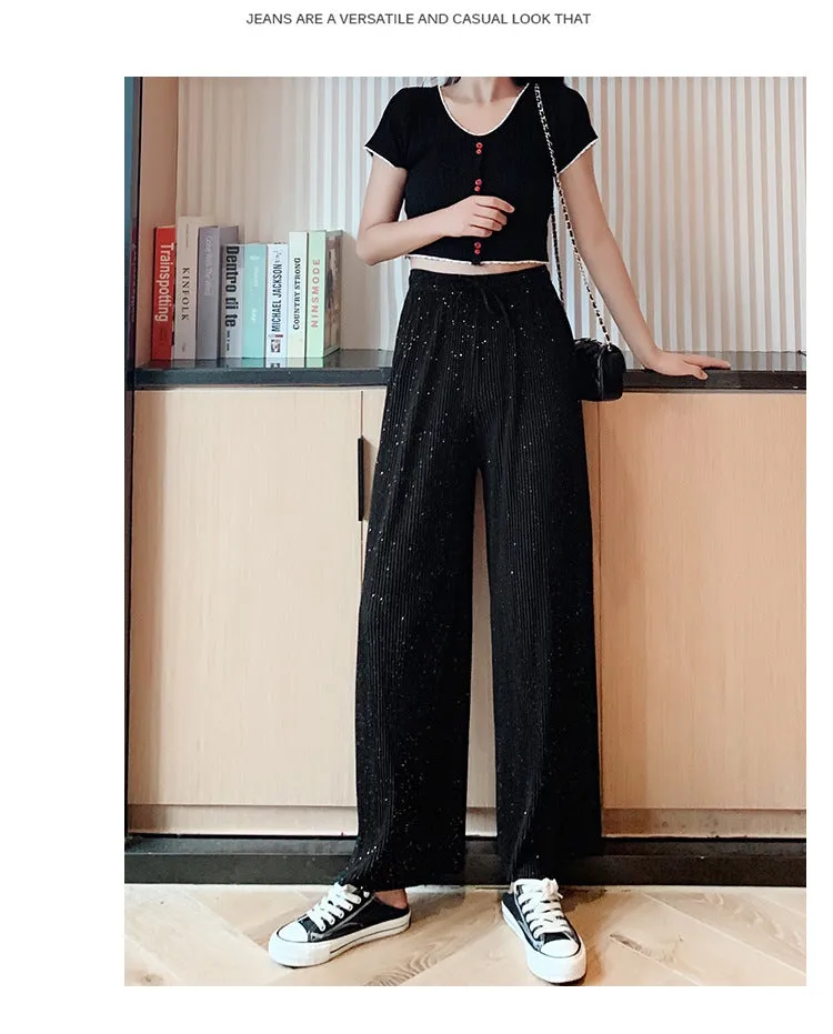 Wide Leg Pants Women High Waist Drape Floor Length Thin Loose Sparkle Casual Chiffon Long Straight Starry Sky Pants