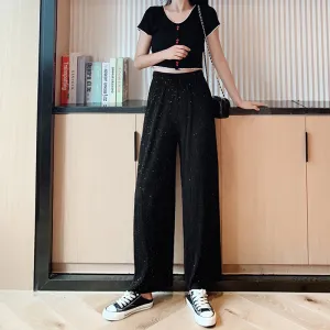 Wide Leg Pants Women High Waist Drape Floor Length Thin Loose Sparkle Casual Chiffon Long Straight Starry Sky Pants