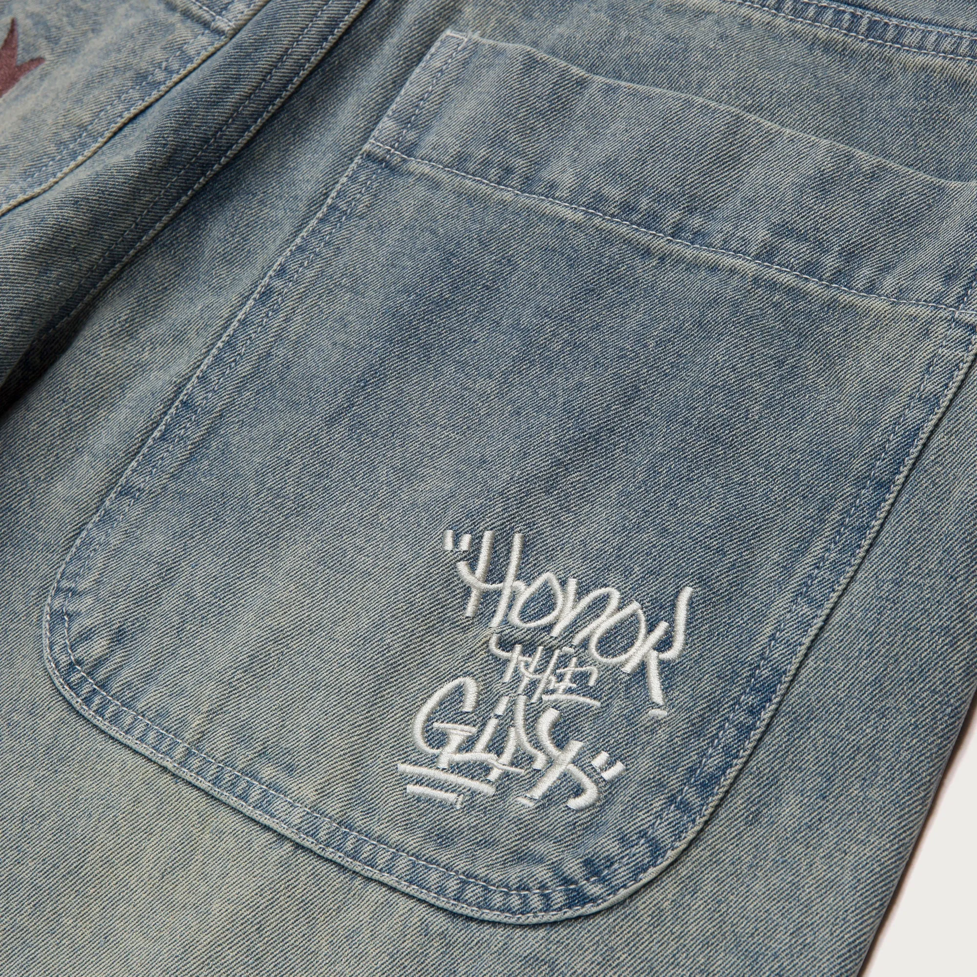 Wide Leg Stemped Denim Pant Light Indigo