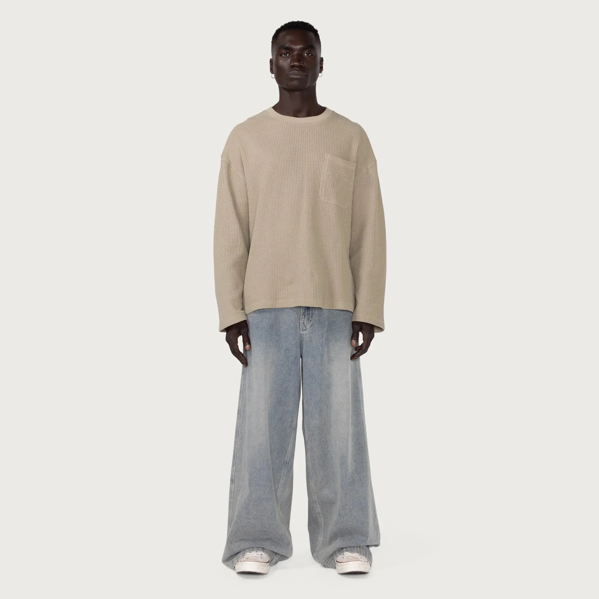 Wide Leg Stemped Denim Pant Light Indigo