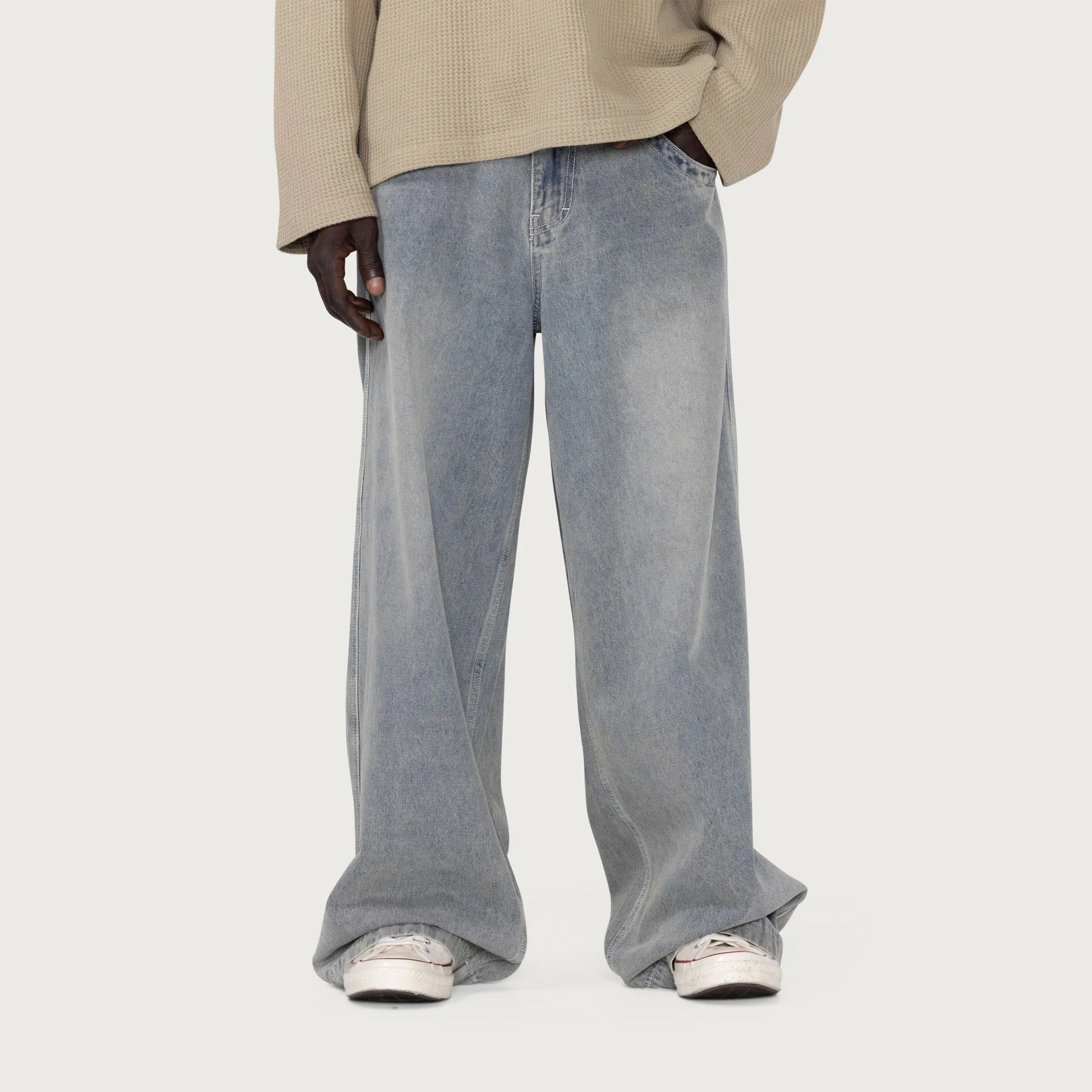 Wide Leg Stemped Denim Pant Light Indigo