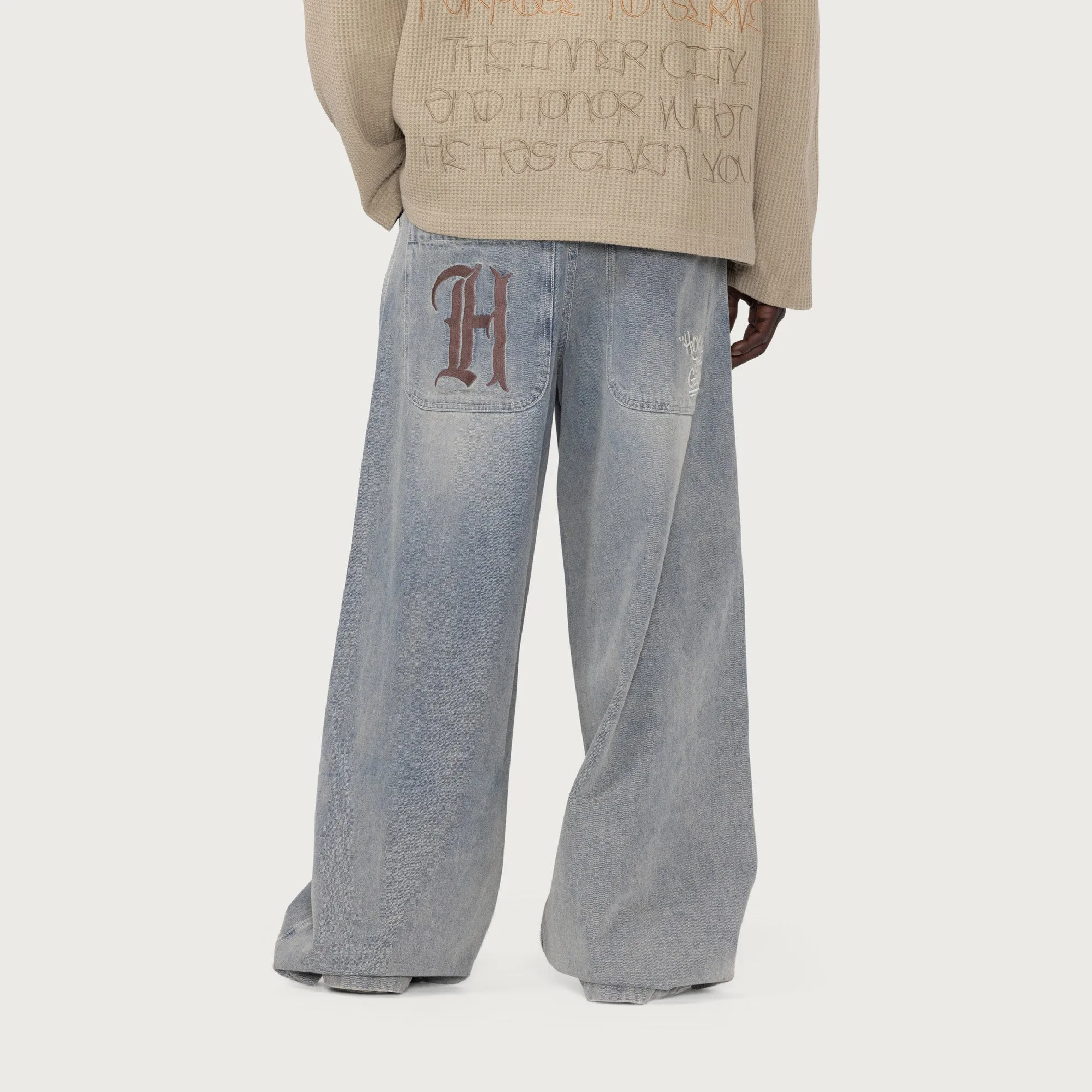 Wide Leg Stemped Denim Pant Light Indigo