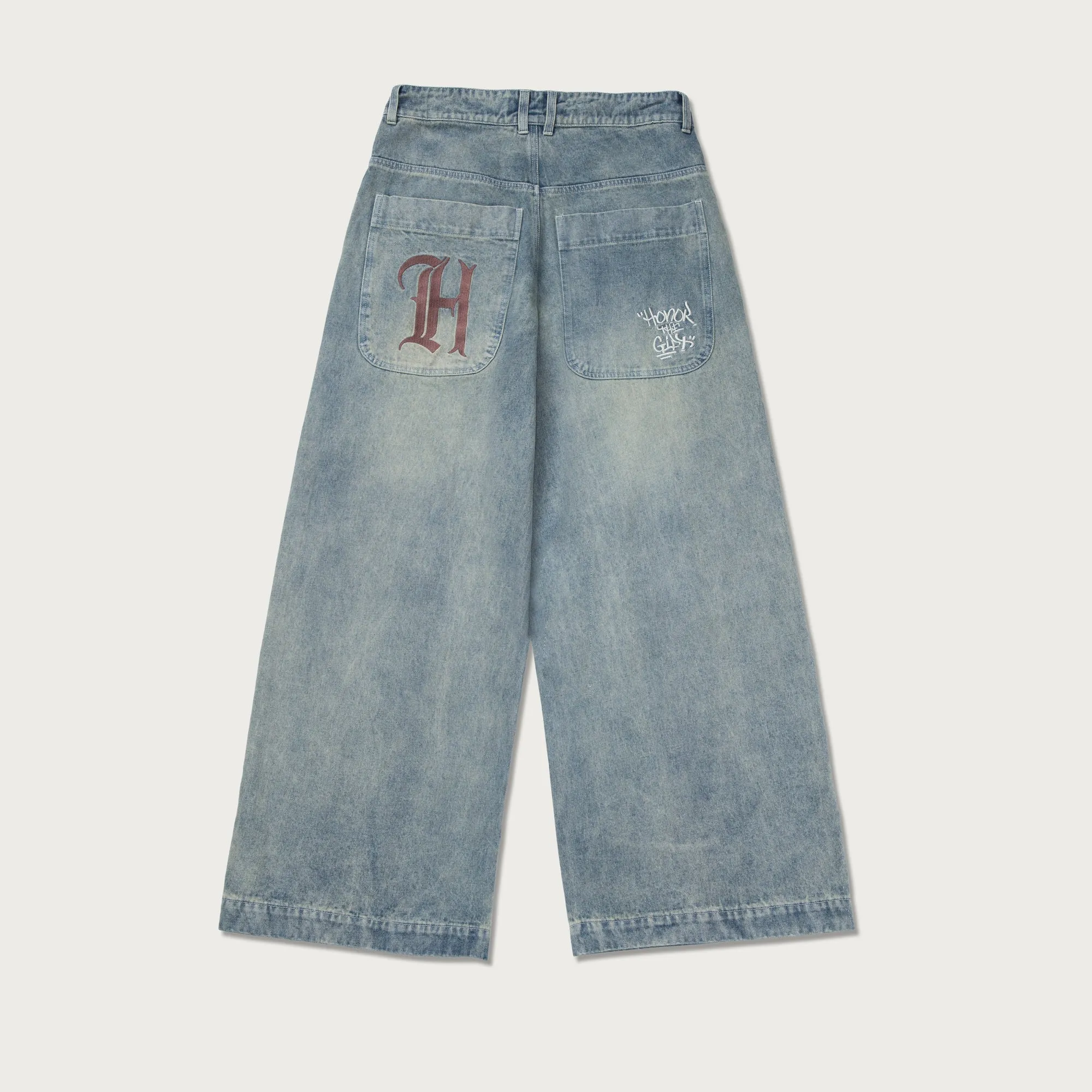 Wide Leg Stemped Denim Pant Light Indigo