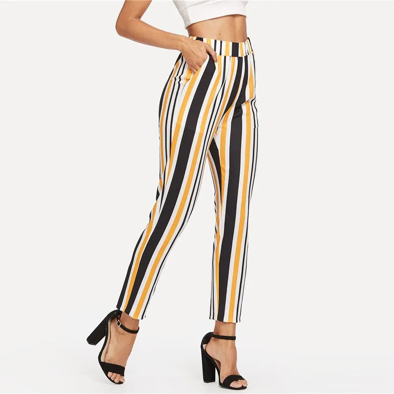 Women's Casual High Waist Striped Pants With Pockets
