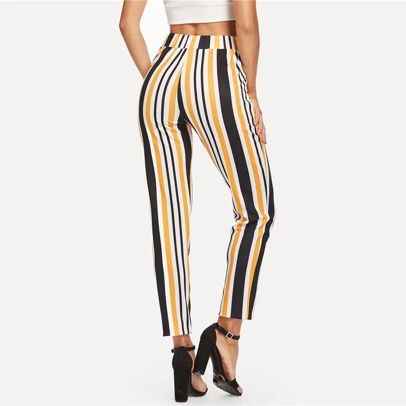 Women's Casual High Waist Striped Pants With Pockets
