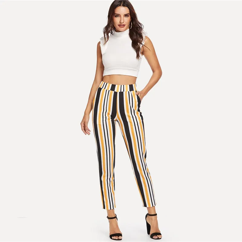 Women's Casual High Waist Striped Pants With Pockets