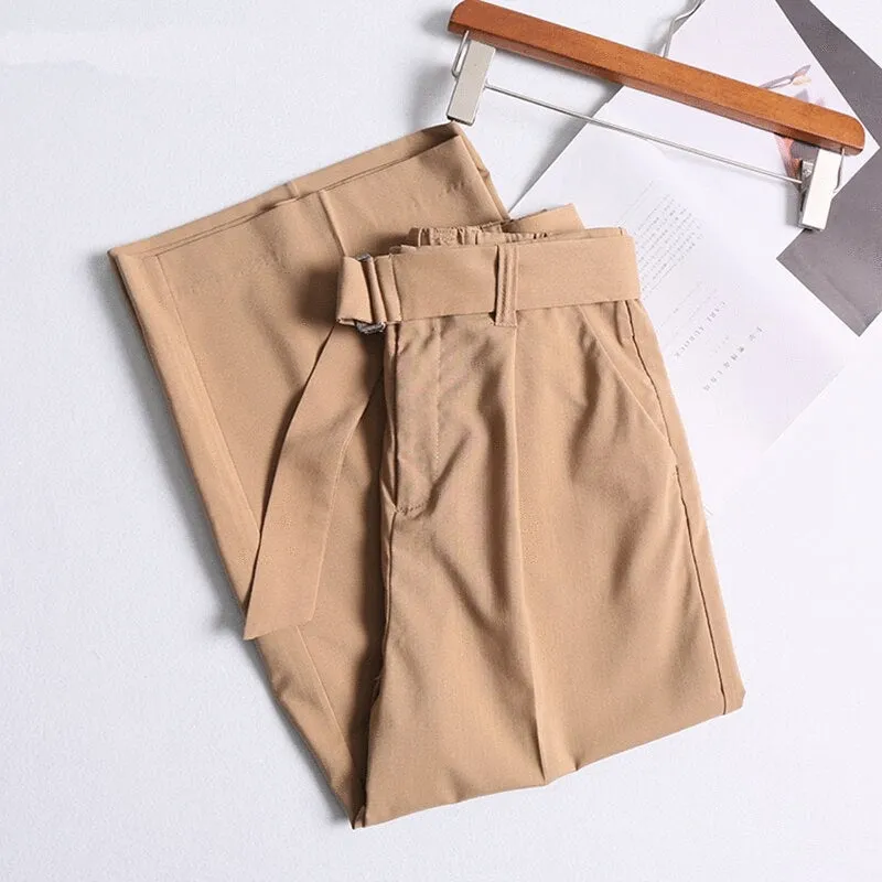 Women's Casual Polyester High-Waist Pants With Belt