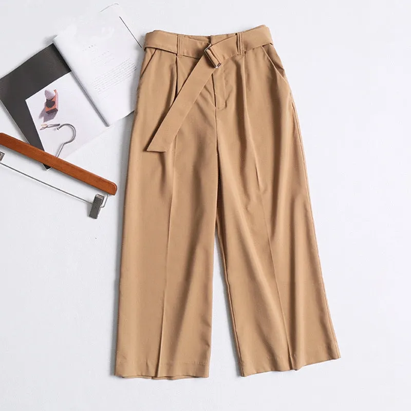 Women's Casual Polyester High-Waist Pants With Belt
