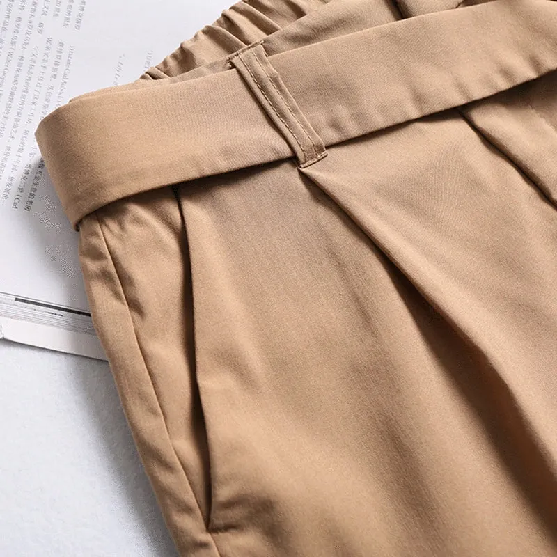 Women's Casual Polyester High-Waist Pants With Belt