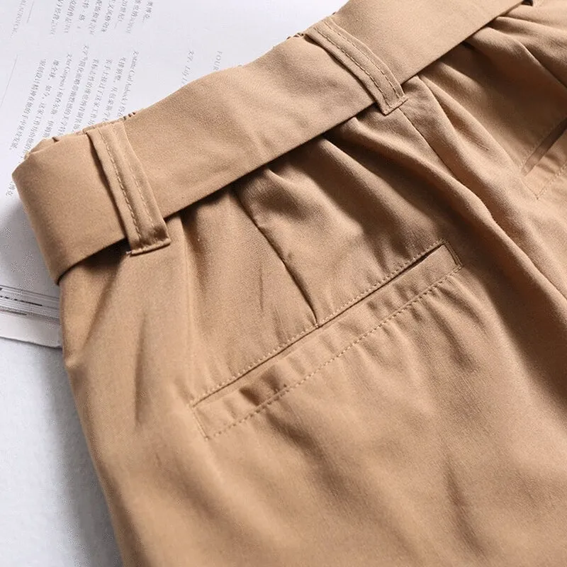 Women's Casual Polyester High-Waist Pants With Belt