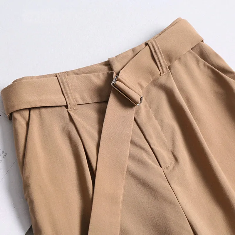 Women's Casual Polyester High-Waist Pants With Belt