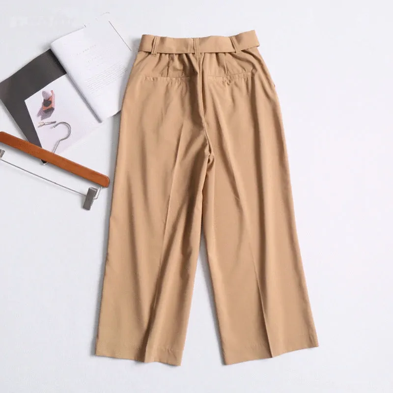 Women's Casual Polyester High-Waist Pants With Belt