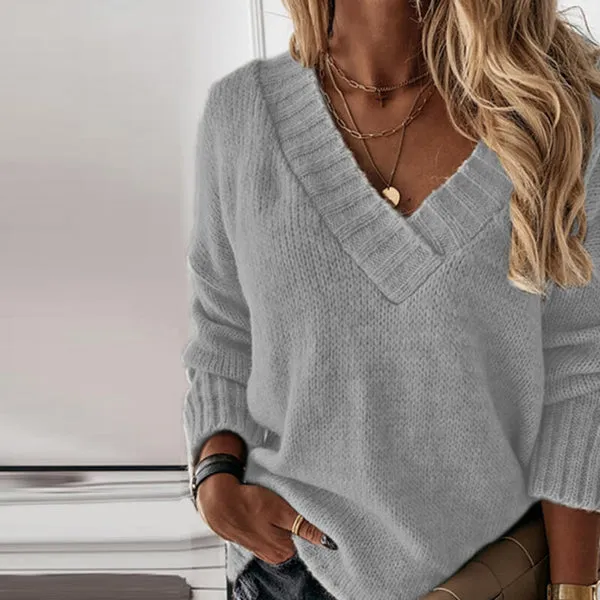 Women's Elegant Woolen Pullover Sweatshirt with V-Neck | Ideal for Autumn/Winter