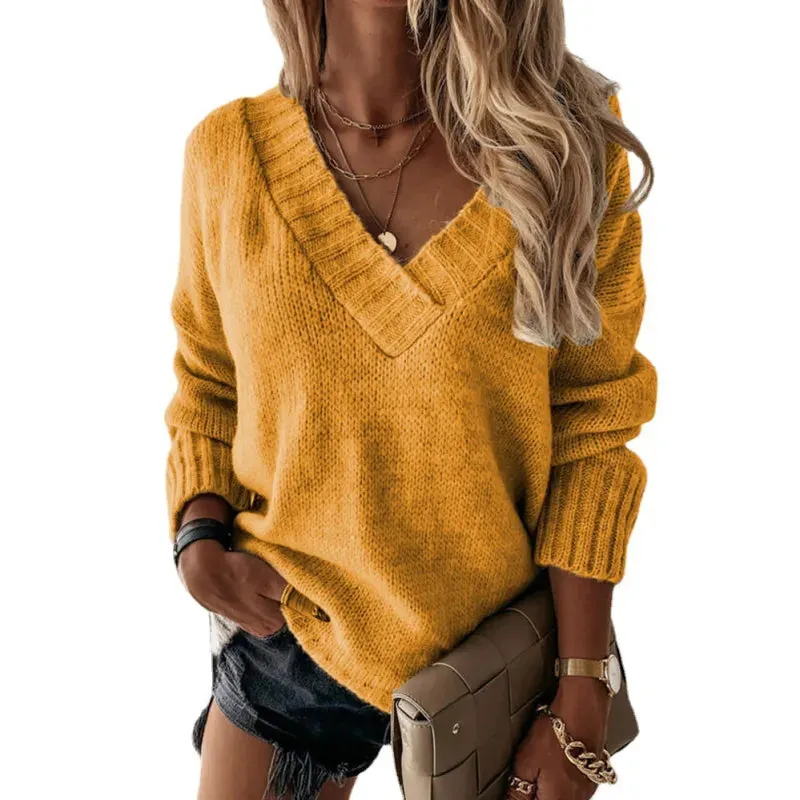 Women's Elegant Woolen Pullover Sweatshirt with V-Neck | Ideal for Autumn/Winter