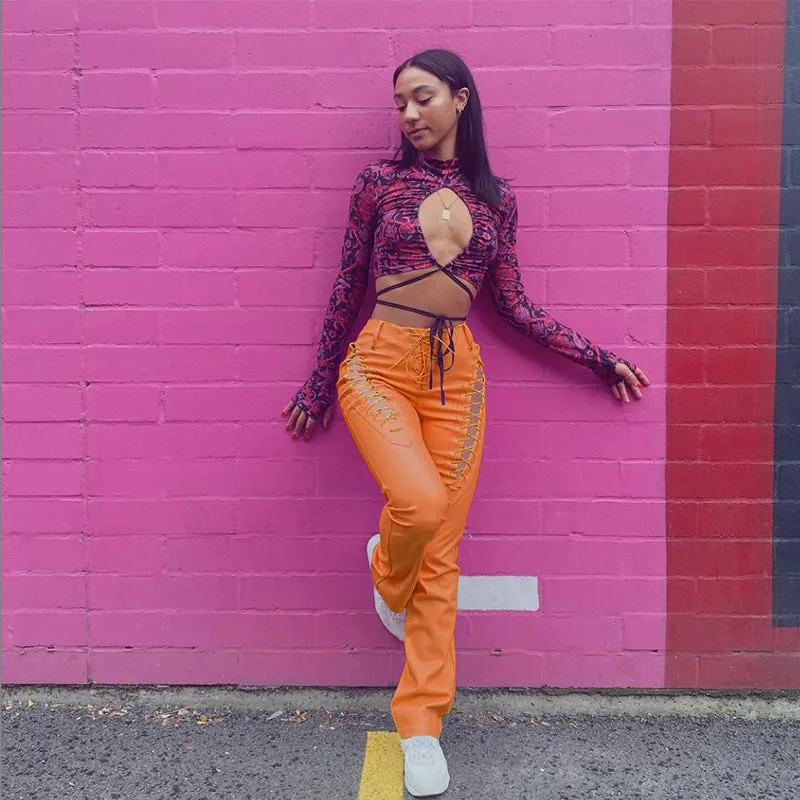 Women's Fashion High Waist Straight Ankle Tied Slim Pants