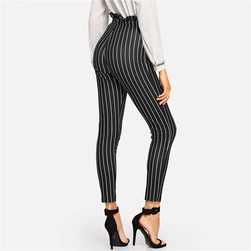 Women's High Waist Striped Pants With Belt