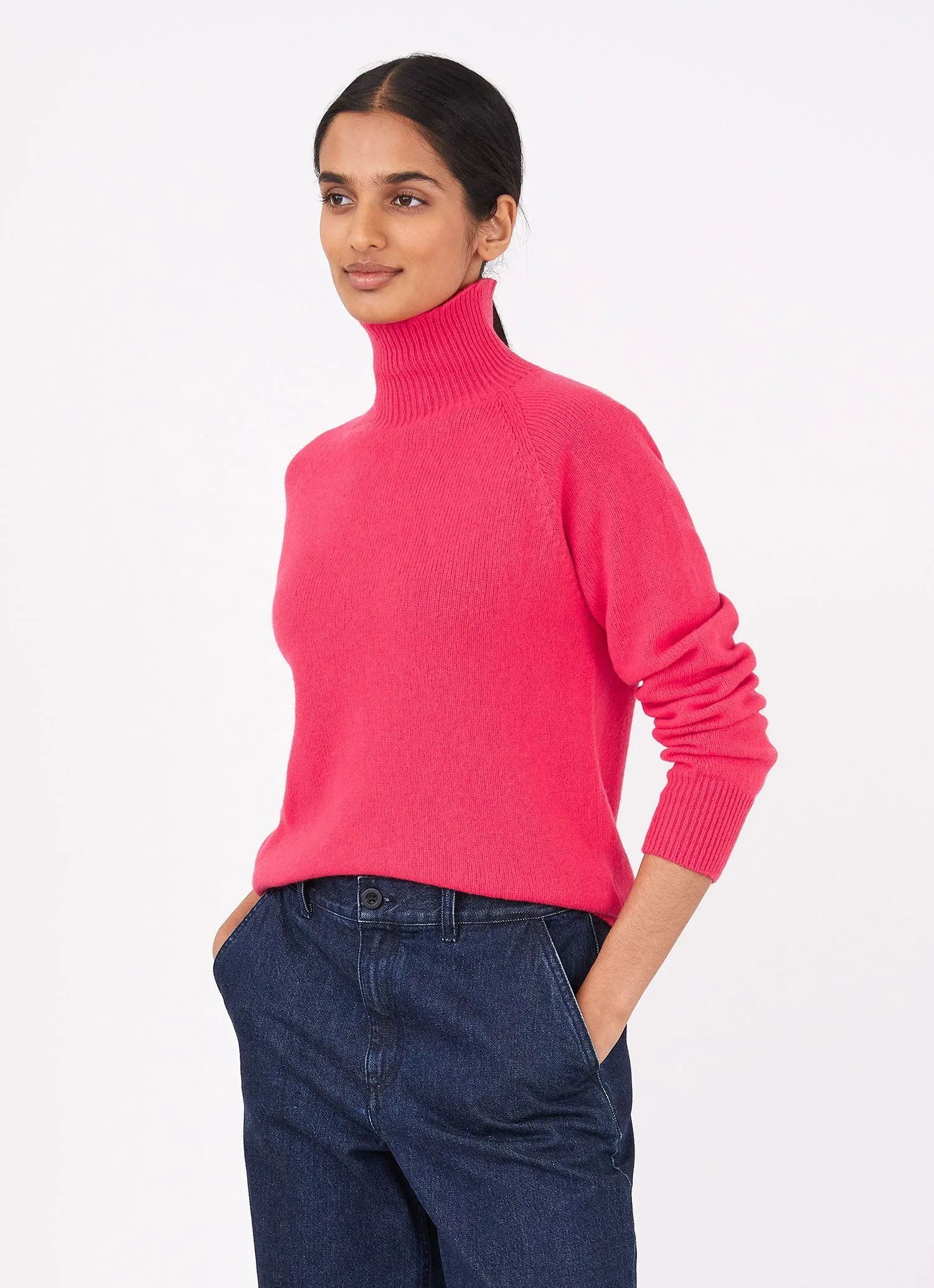 Women's Lambswool Funnel Neck Jumper in Bright Pink
