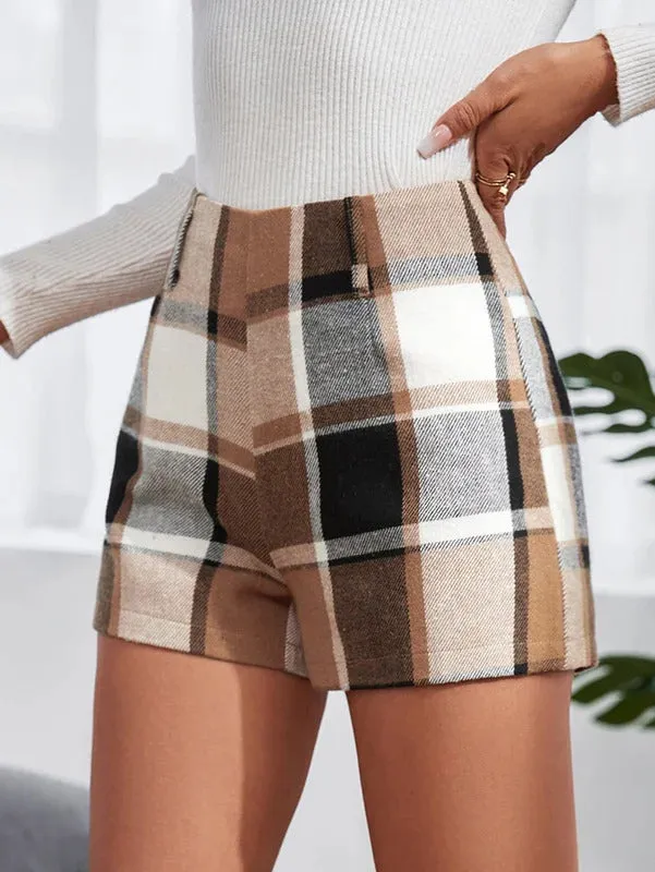 Women's retro color collision plaid high waist wide leg shorts loose large size wide leg pants thin pants