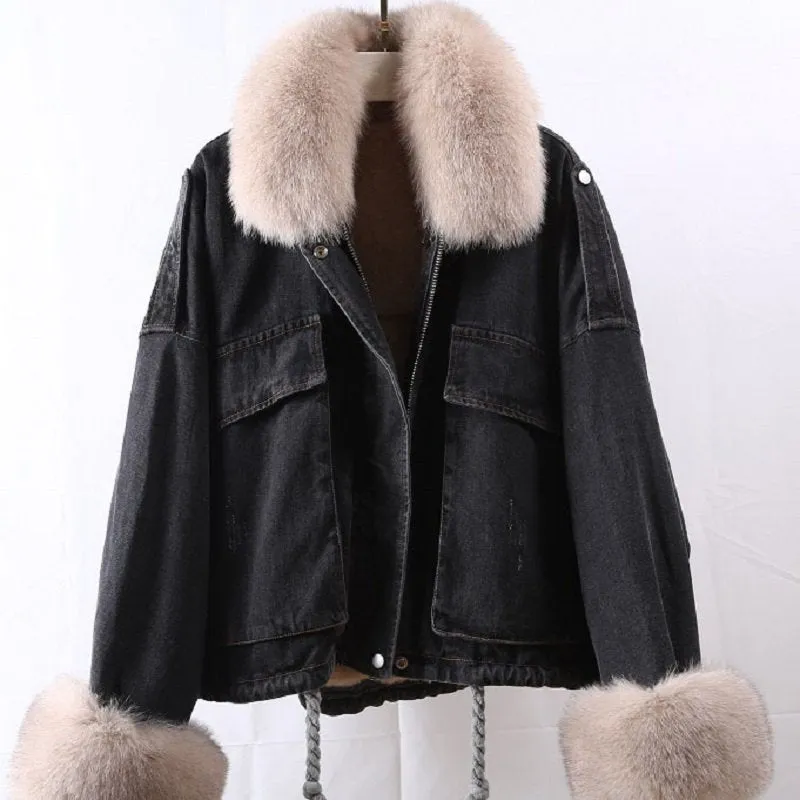 Women's Winter Casual Denim Bat-Sleeved Coat With Rabbit Fur