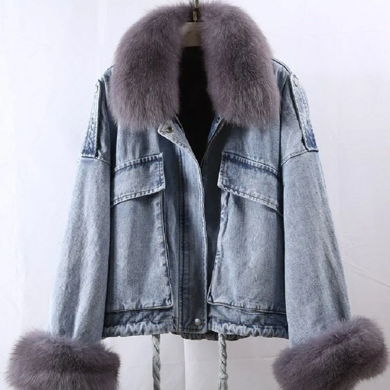 Women's Winter Casual Denim Bat-Sleeved Coat With Rabbit Fur