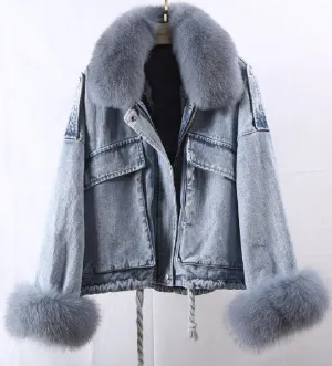 Women's Winter Casual Denim Bat-Sleeved Coat With Rabbit Fur