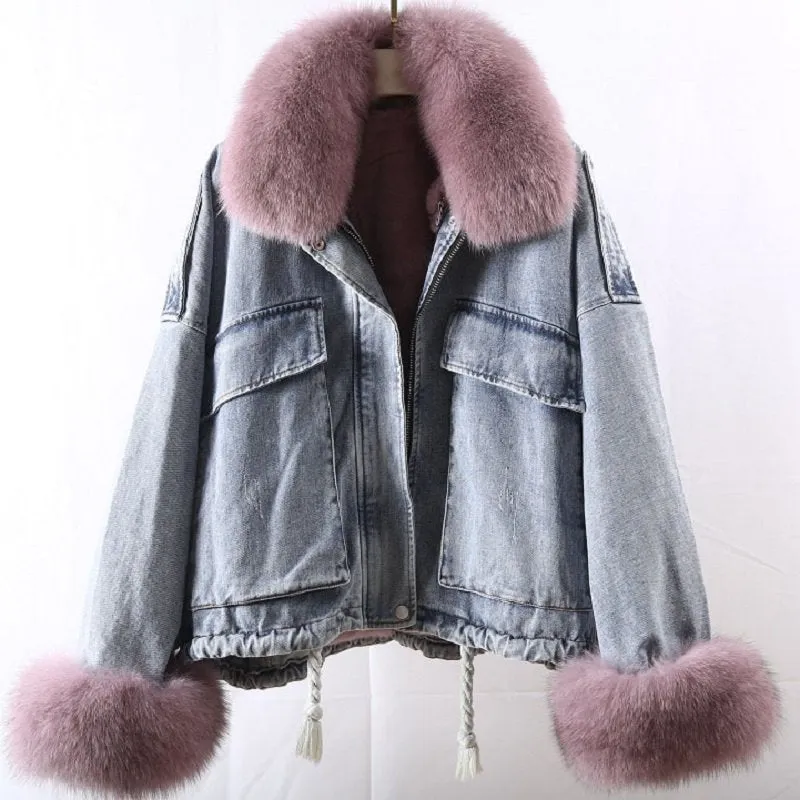 Women's Winter Casual Denim Bat-Sleeved Coat With Rabbit Fur