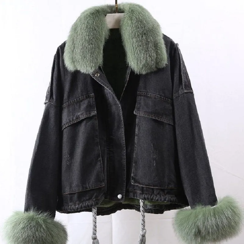 Women's Winter Casual Denim Bat-Sleeved Coat With Rabbit Fur