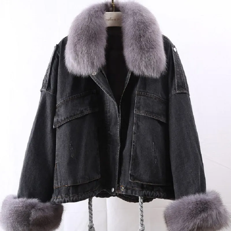 Women's Winter Casual Denim Bat-Sleeved Coat With Rabbit Fur