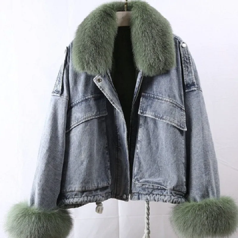 Women's Winter Casual Denim Bat-Sleeved Coat With Rabbit Fur