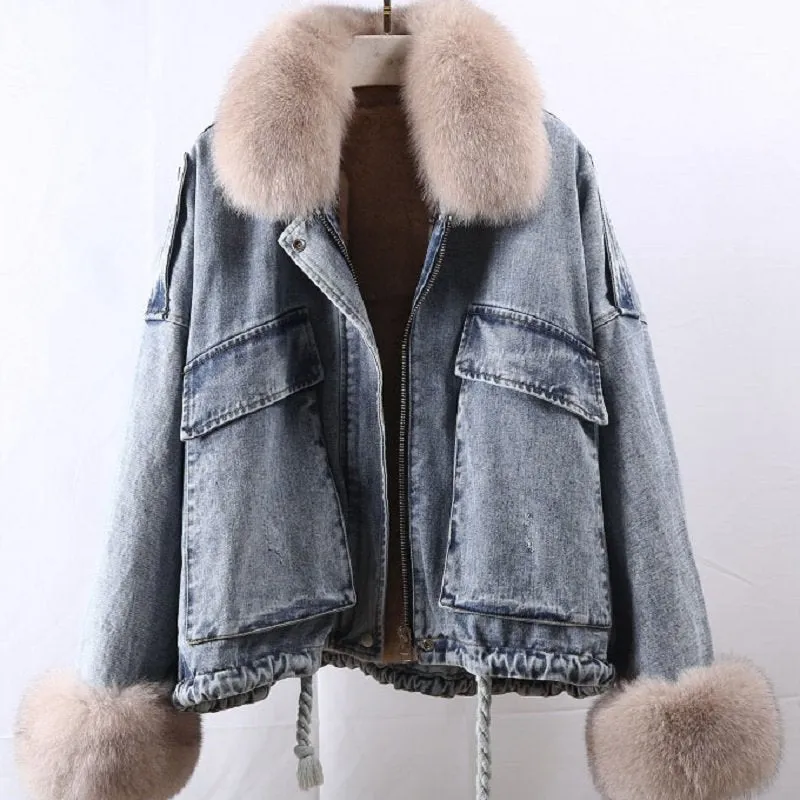 Women's Winter Casual Denim Bat-Sleeved Coat With Rabbit Fur