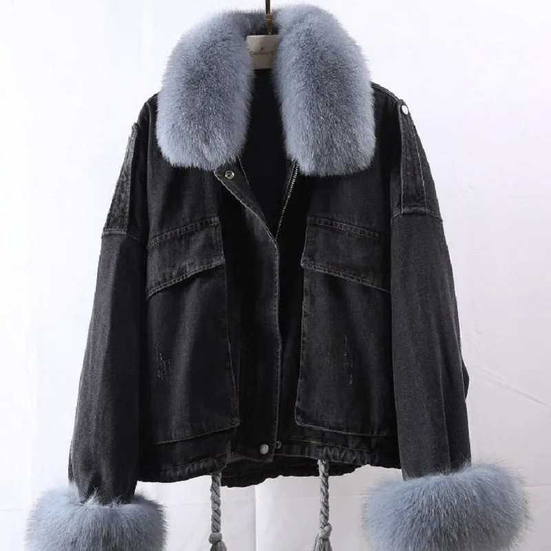 Women's Winter Casual Denim Bat-Sleeved Coat With Rabbit Fur