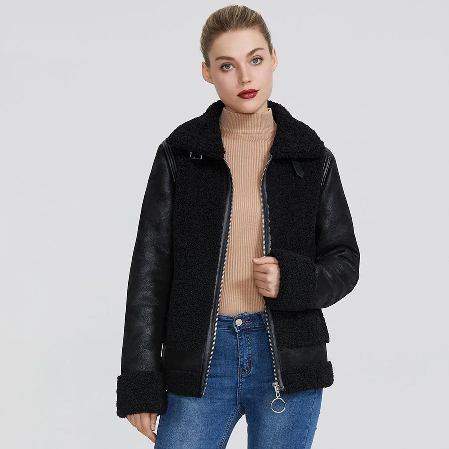 Women's Winter Windproof Sheepskin Short Parka