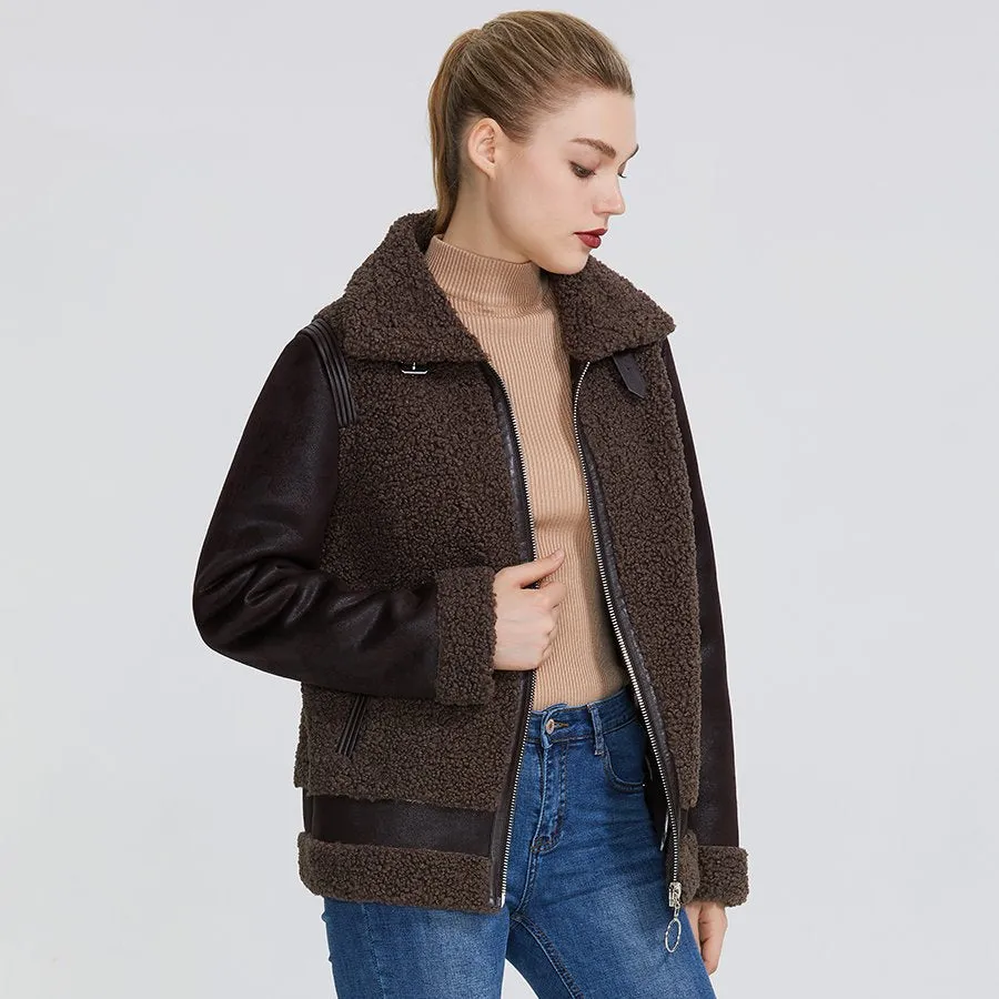 Women's Winter Windproof Sheepskin Short Parka