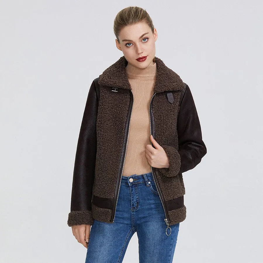 Women's Winter Windproof Sheepskin Short Parka